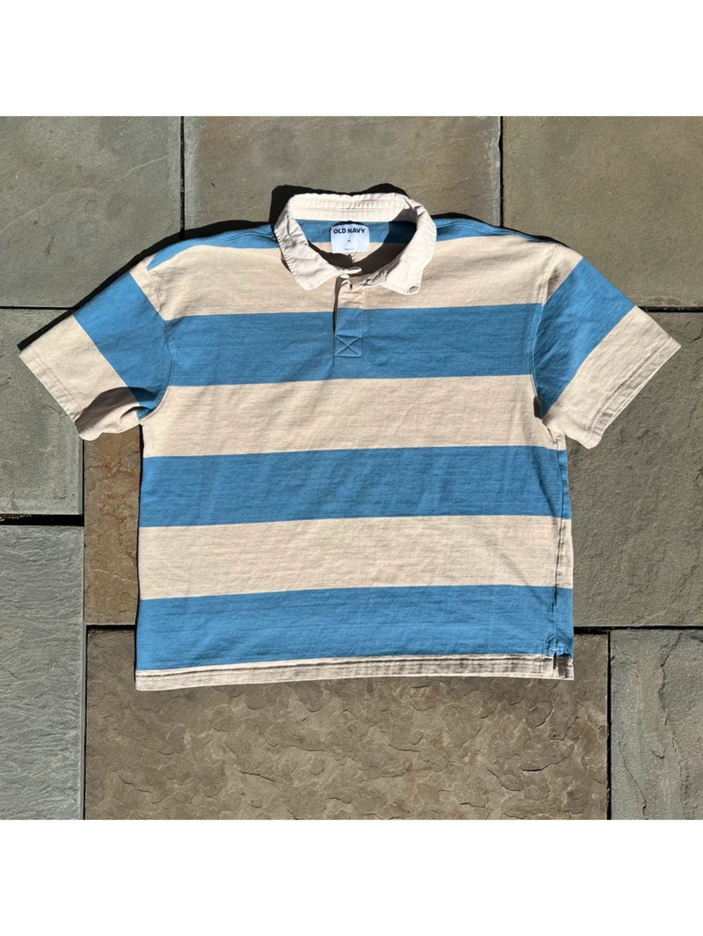 Light Blue Beige Thick Striped Short Sleeve Rugby Polo